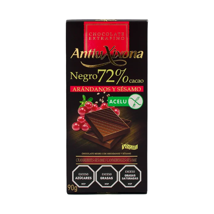 Tableta 72% Cacao c/Arándanos y Sésamo 90gr
